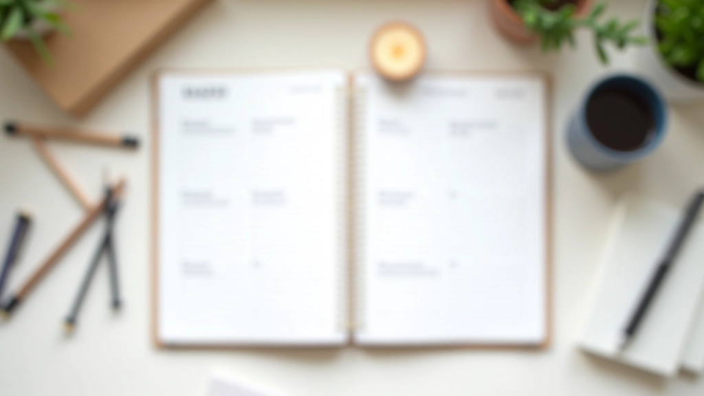 Agenda ouvert avec notes manuscrites, style minimaliste, bureau rangé avec plante