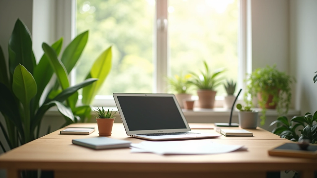 Espace de travail minimaliste avec bureau organisé et plantes vertes