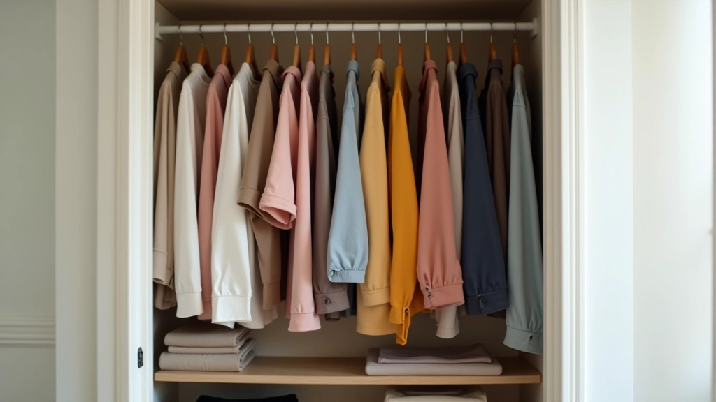 Armoire bien organisée avec vêtements suspendus, classés par couleur et type, espace aéré et fonctionnel