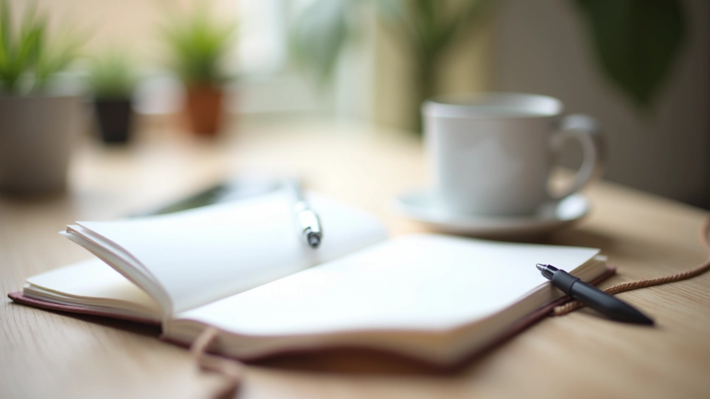 Carnet ouvert avec stylo noir et tasse de café, lumière naturelle de la fenêtre, bureau minimaliste