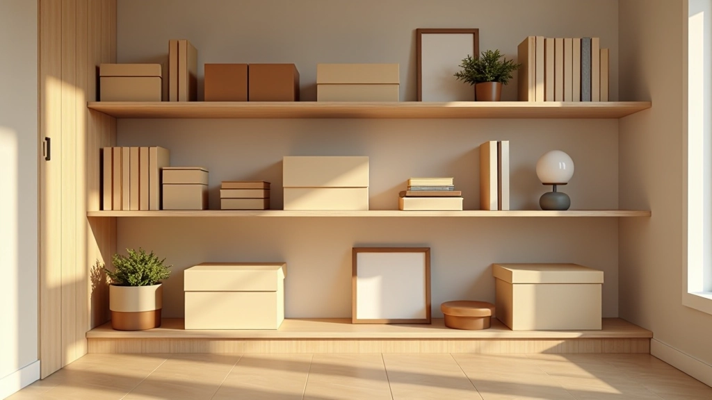Pièce rangée avec étagères organisées, boîtes de rangement et objets bien classés, ambiance apaisante