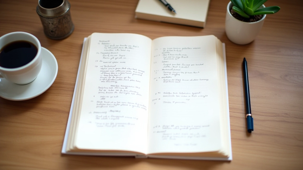 Espace de travail organisé avec carnet ouvert, stylos et tasse de café sur bureau en bois clair