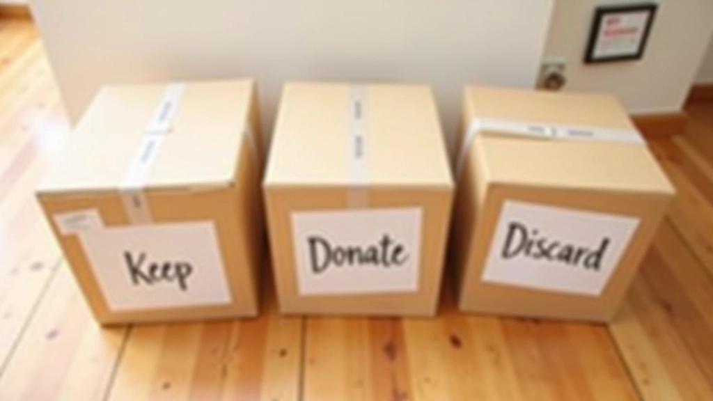 Trois boîtes étiquetées pour le tri : garder, donner, jeter, montrant l'organisation pratique du désencombrement
