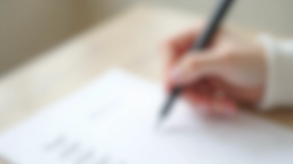 Main tenant un stylo au-dessus d'une liste écrite sur papier blanc, environnement minimaliste