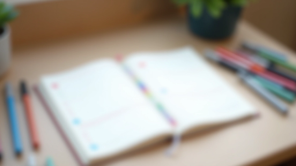 Agenda hebdomadaire ouvert avec annotations colorées, stylos multicolores rangés à côté, lumière douce