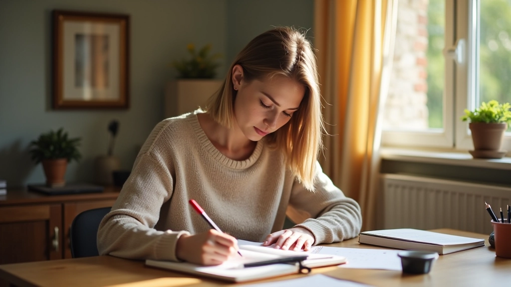 Personne écrivant dans un carnet avec une tasse de café, environnement chaleureux et naturel