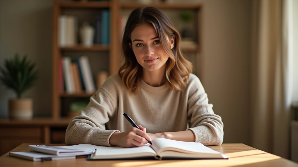 Personne écrivant dans un carnet à un bureau, stylo en main, environnement calme et organisé