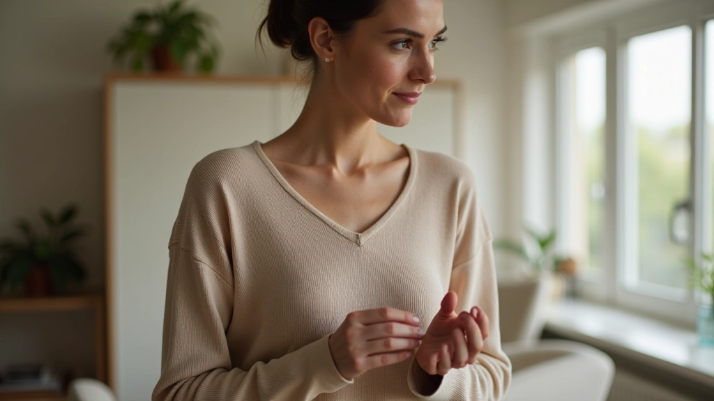 Personne triant des vêtements avec intention, tenant un pull et décidant de le garder ou de le donner, moment de choix conscient