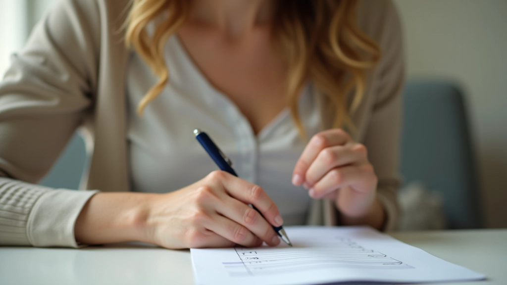 Personne tenant un stylo au-dessus d'une liste écrite à la main, focus sur le carnet, fond de bureau flou